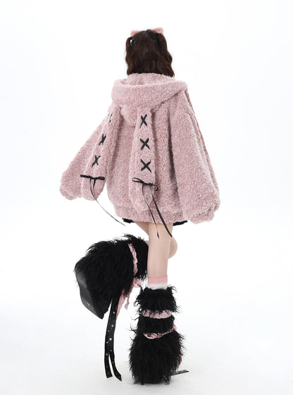 Crazy Girl Patchwork Bunny Pink White Rabbit Ears Jacket Hoodie