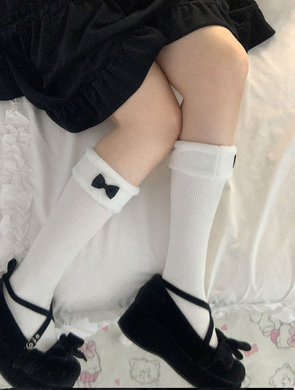 Lolita Cute Bow Fur Edge Black White Pink Mid Calf Socks