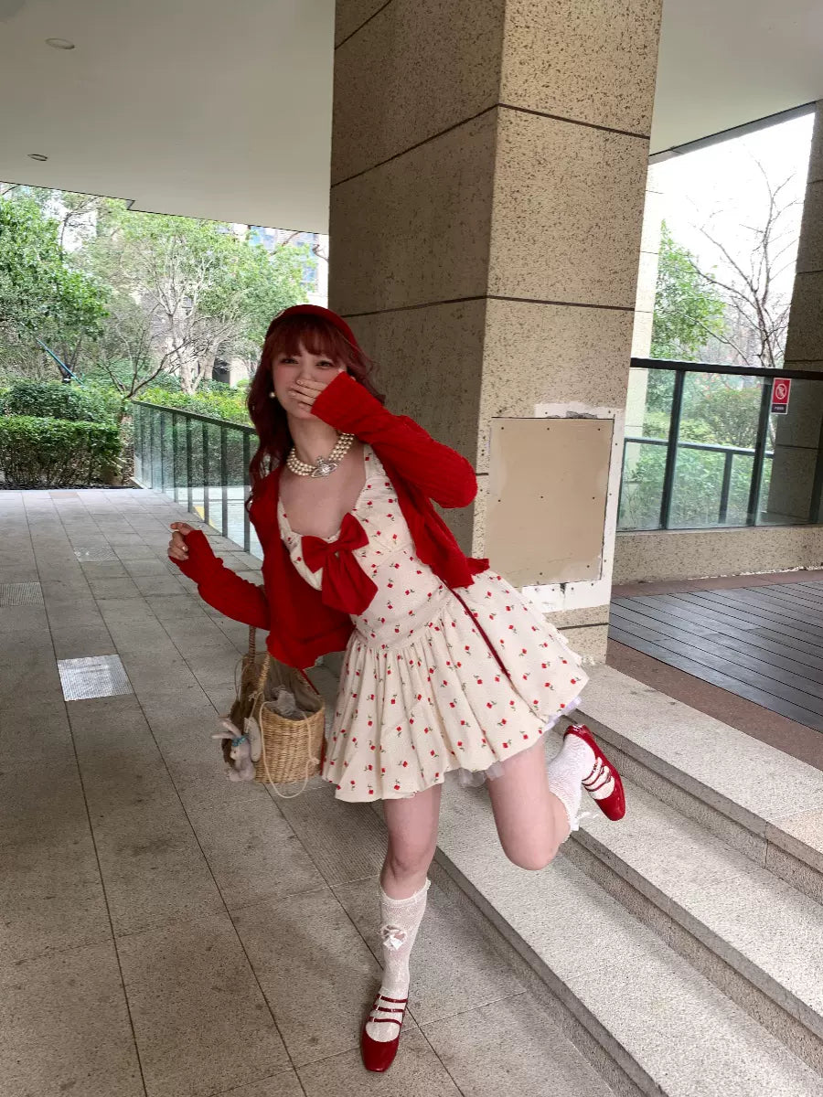 Picnic Girl Cute Cherry Red Bow Beige Strap Dress