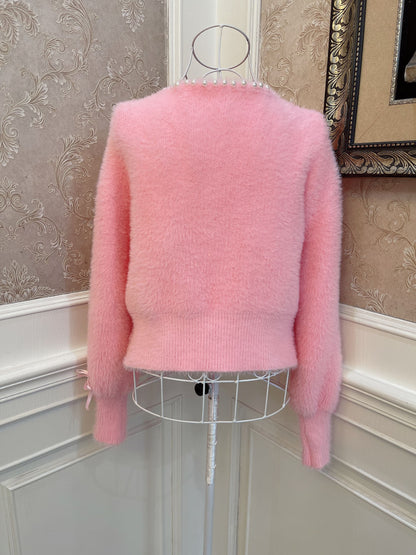 Sweetheart Princess Mohair Plush Pink Rose Lace Knit Sweater Cardigan