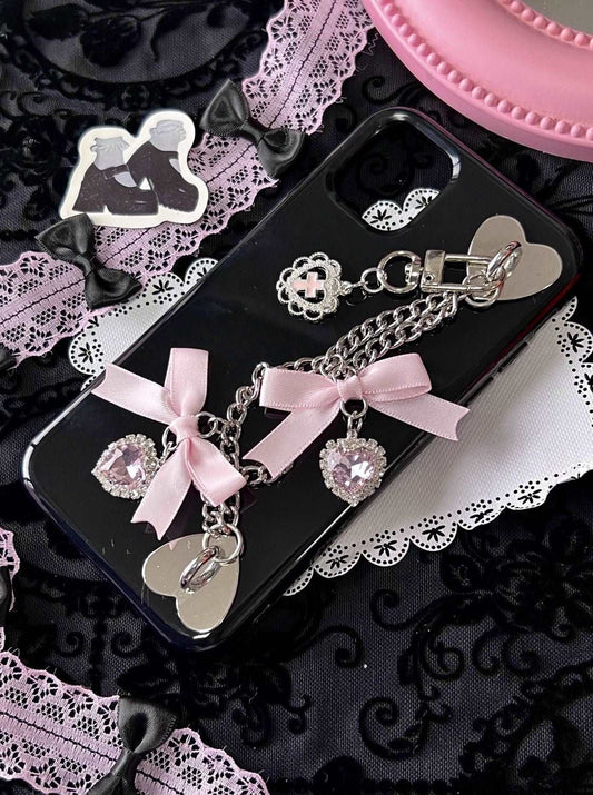 Candy Bunny Sweet Coquette Heart Bow Black Pink Phone Case Charm Strap Chain