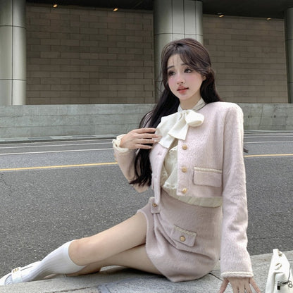 Soft Light Pink Woolen Jacket & Mini Skirt Autumn Two Piece Set