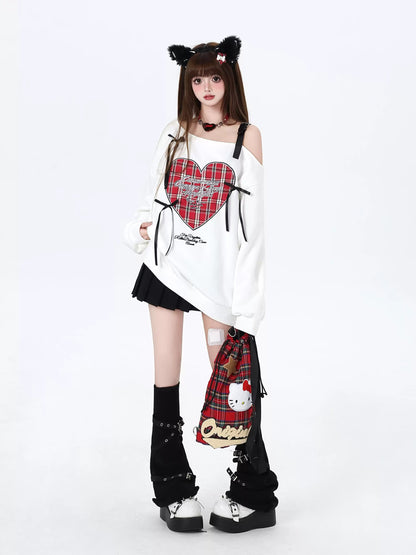 Crazy Girl Heart Plaid Black White Red Off Shoulder Sweater