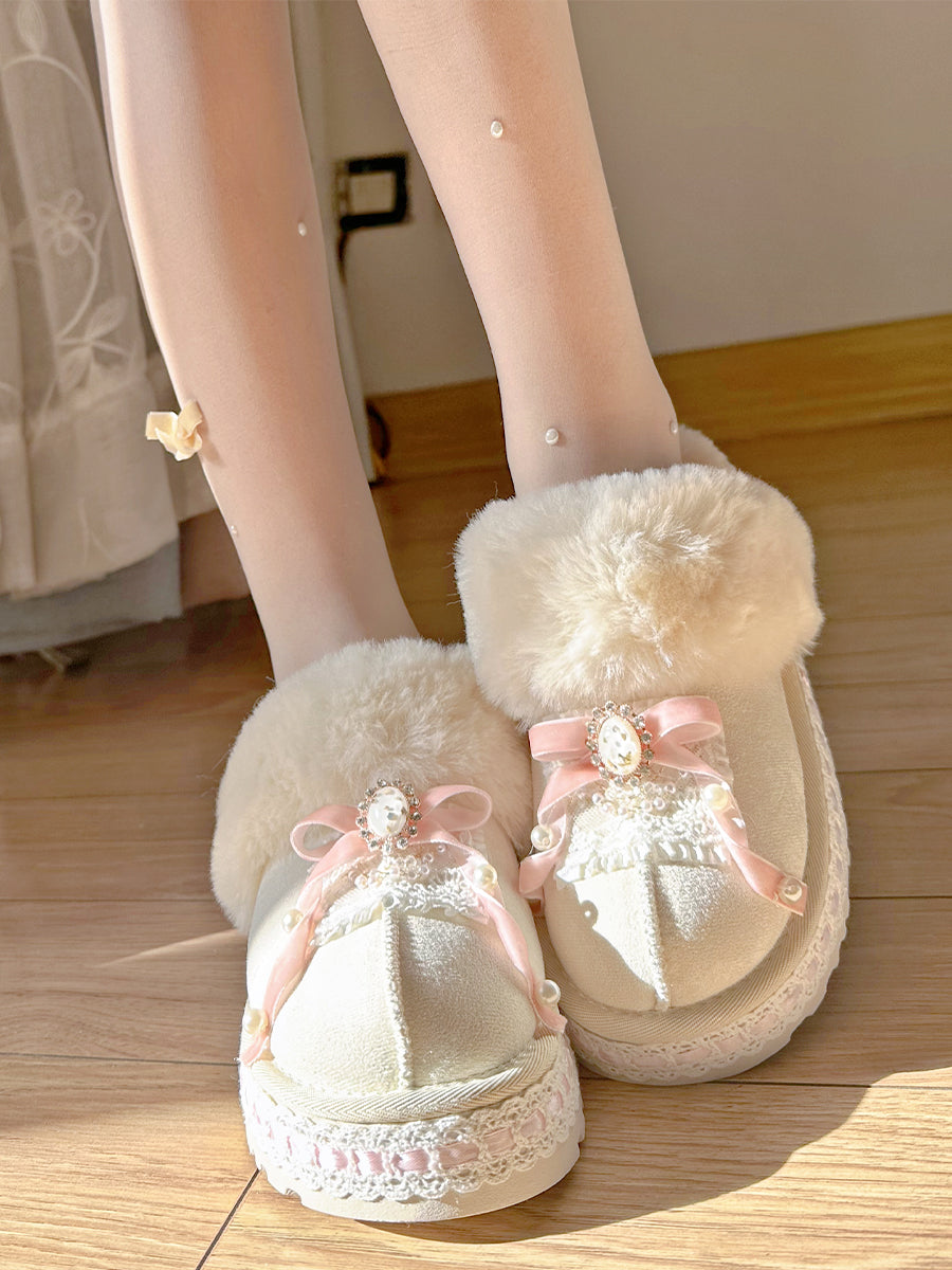 Pinky Winter Cute Sweet Princess White Pink Fur Slippers Shoes