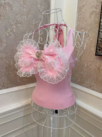 Sweetheart Princess Big Bow Pink Lace Camisole Top