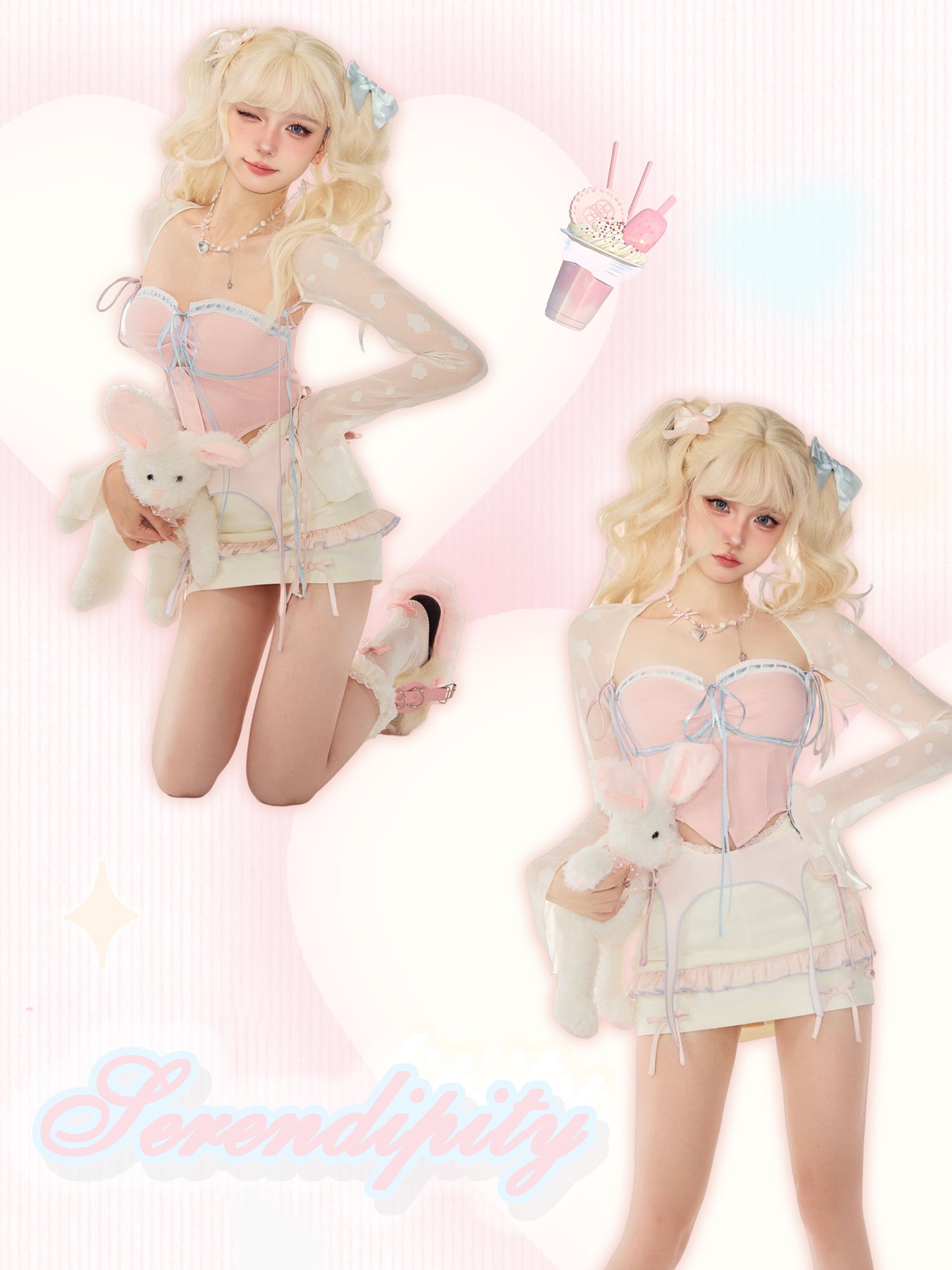 Serendipity Coquette Sheer Cardigan & Pink Heart Camisole & White Lace Mini Skirt Three Piece Set