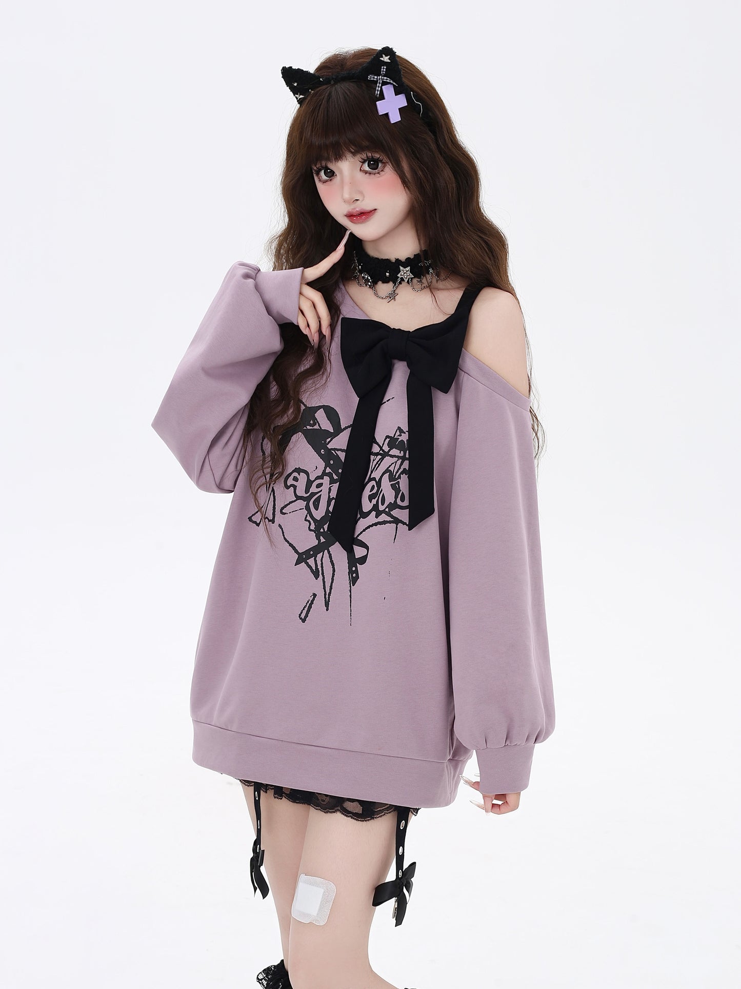 Crazy Girl Falling Rose 2.0 Bow Purple Black Sweater