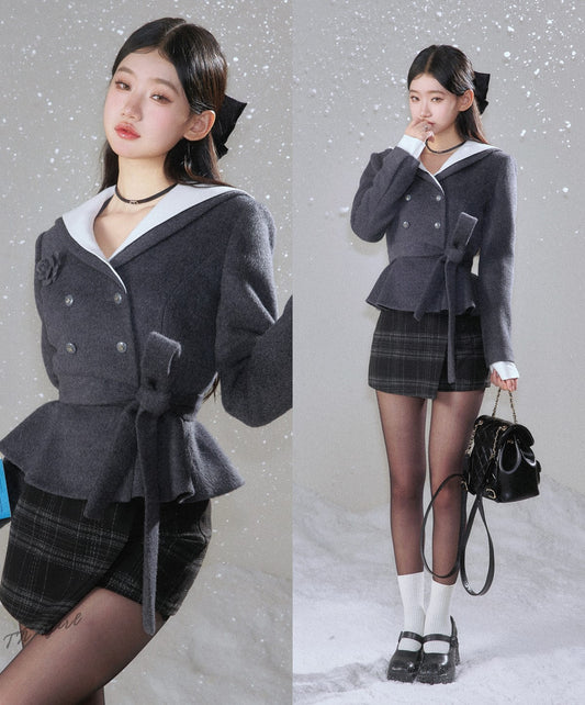 Monet Winter Chic Gray Rose Wool Jacket Fur Collar & Black Plaid Skirt Two Piece Set