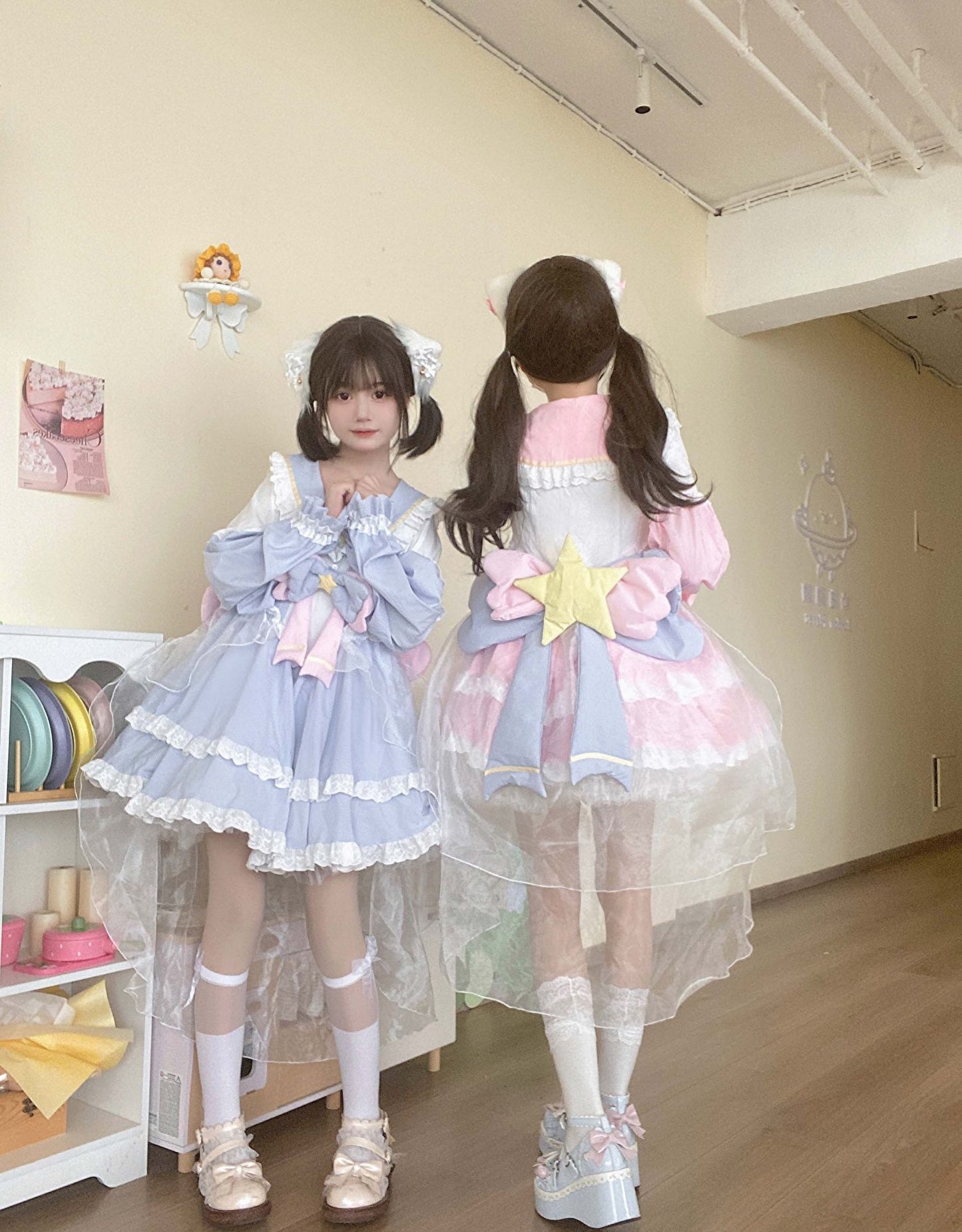 Starlight Sweetheart Magical Girl Anime Pink & Blue Star Sailor Collar Ruffled Lolita Dress