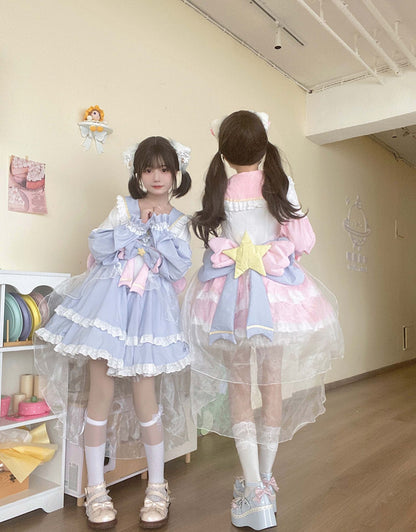 Starlight Sweetheart Magical Girl Anime Pink & Blue Star Sailor Collar Ruffled Lolita Dress