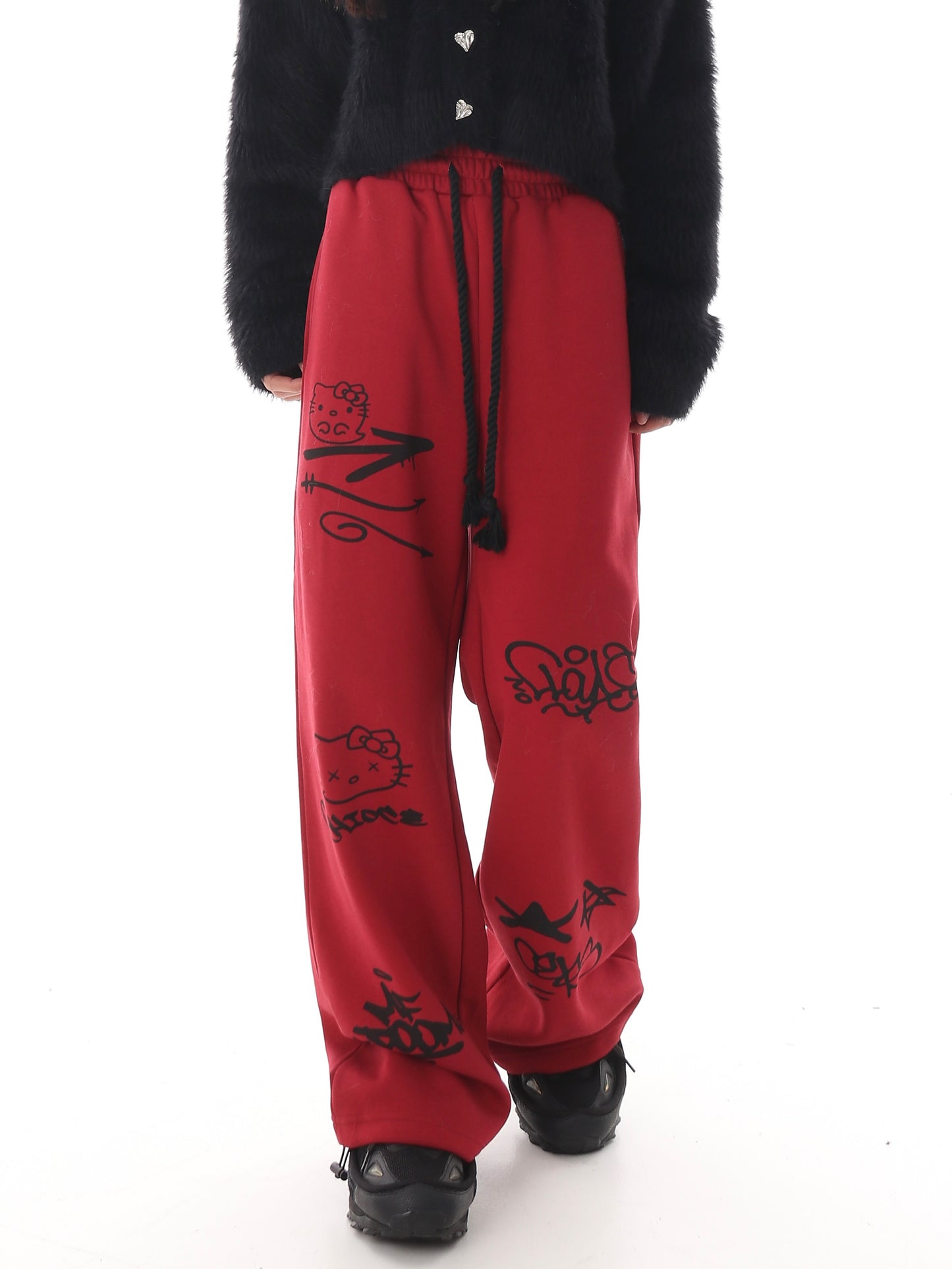 Graffiti Cartoon Kitty Cat White Black Red Cotton Sweatpants Pants