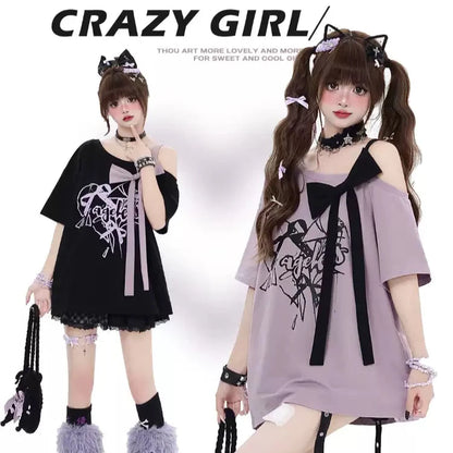 Crazy Girl Falling Rose Bow Purple Black Oversize T-Shirt