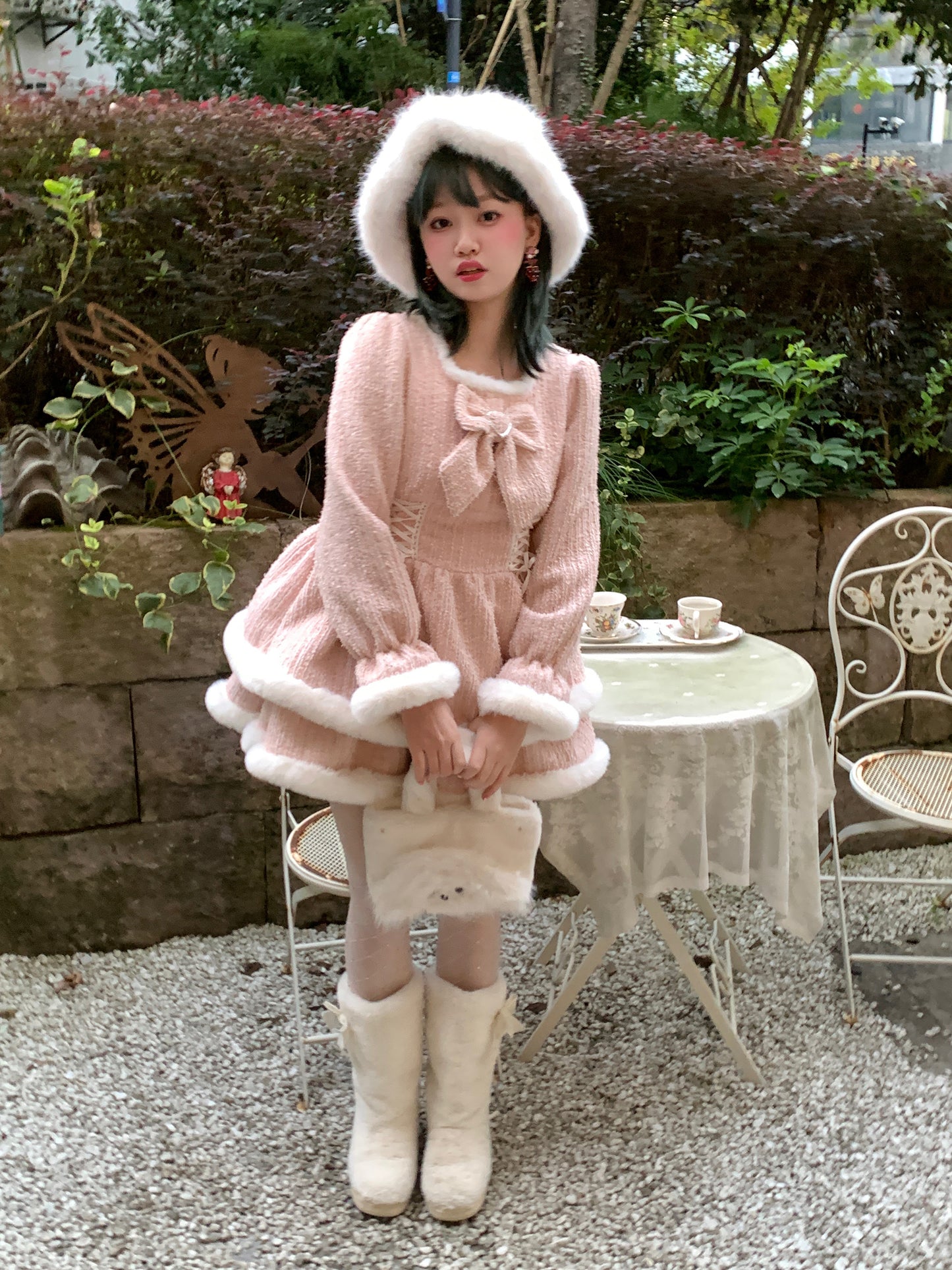 Picnic Girl Winter Sweet Light Pink Tweed Fur Ruffled Dress