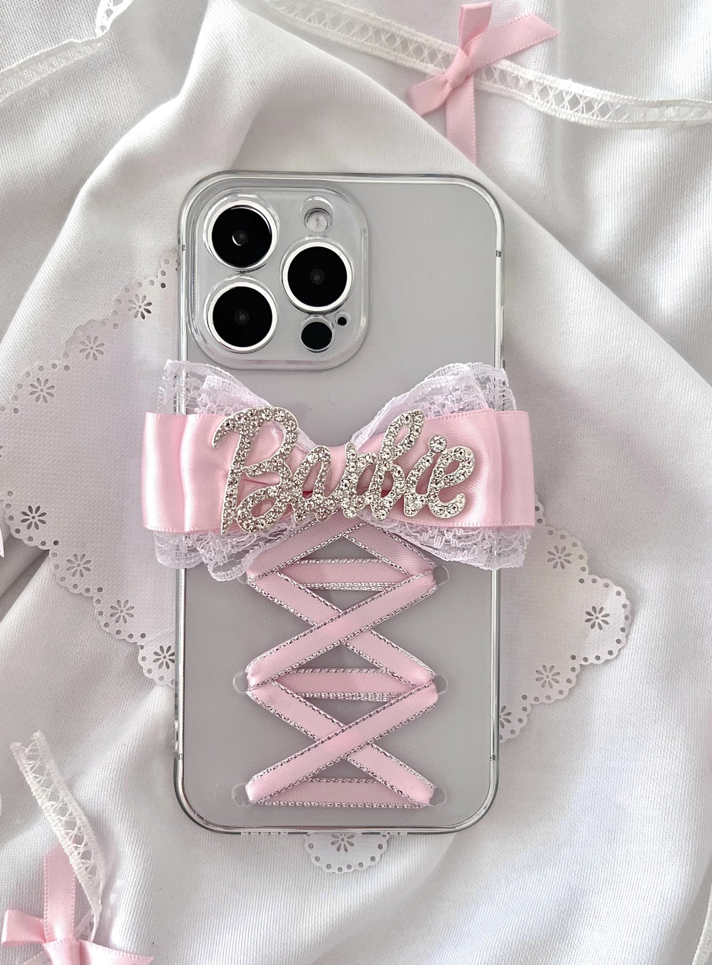 Sweet Coquette Balletcore Pink Bow Heart Handmade Transparent Silicone Phone Case