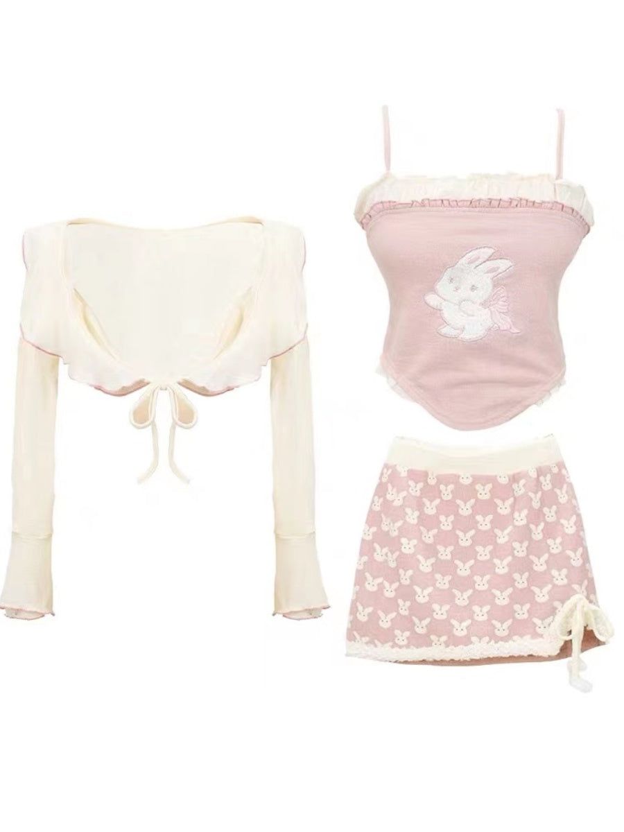 Serendipity Coquette Ruffled Cardigan & Pink Rabbit Print Camisole & Mini Skirt Three Piece Set