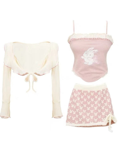 Serendipity Coquette Ruffled Cardigan & Pink Rabbit Print Camisole & Mini Skirt Three Piece Set