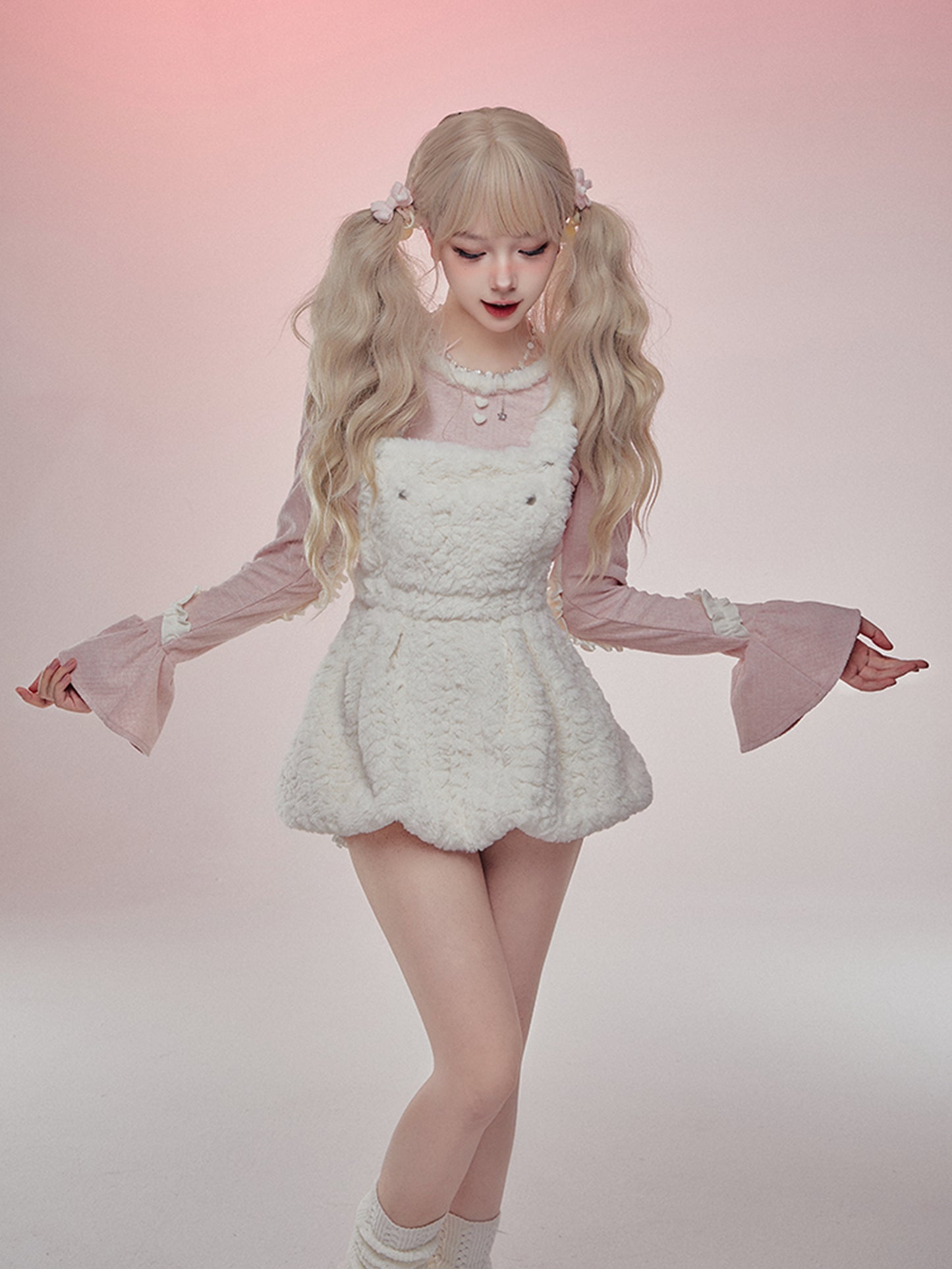 Serendipity Winter Peach Pink Sweater Top & Fur Plush White Suspender Dress Two Piece Set