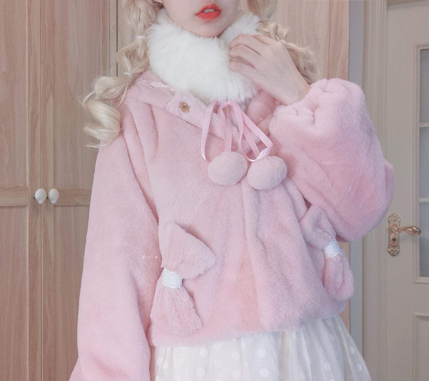 Pompom Bow Plush EGL Hooded Jacket Winter Coat