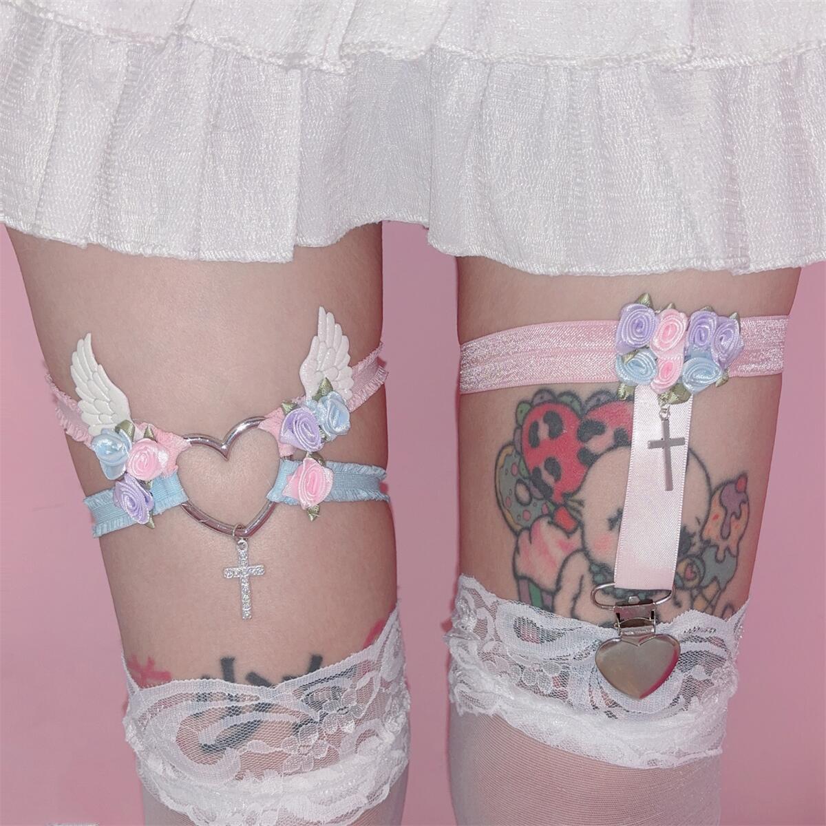 Heart Rose Angel Coquette Pink Blue Black White Thigh Strap Garter