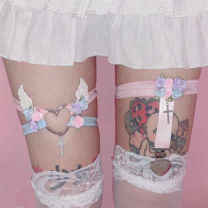 Heart Rose Angel Coquette Pink Blue Black White Thigh Strap Garter