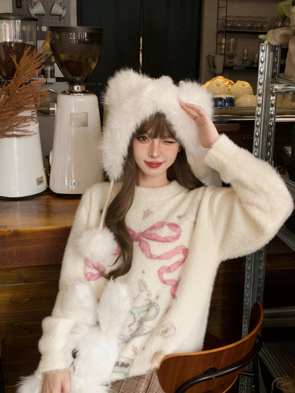 Young Eyes Soft Pink White Rabbit Bunny Teddy Bear Teacup Bow Print Sweater