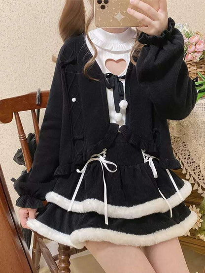 Christmas Love Lolita Winter Plush Strap Ruffled Black Dress & Skirt & Shirt Three Piece Set