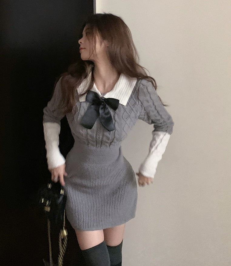 Polo Collar Bow Slim Fit Long Sleeve Knit Short Dress