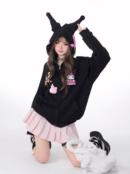 Young Eyes Purple Devil Cartoon Black Pink Alien Ears Oversize Hoodie