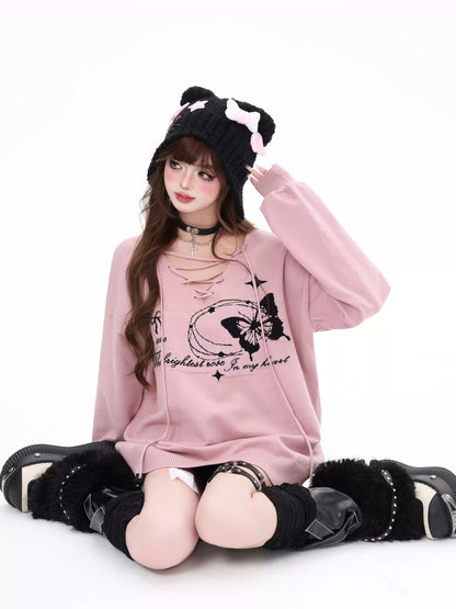 Crazy Girl Butterfly V-neck Black Pink Sweater