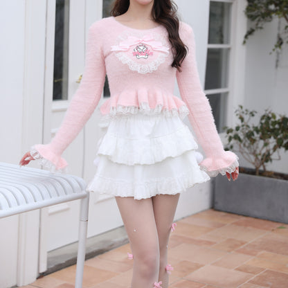 Sweetheart Princess Winter Marie Cat Pink Fuzzy Cropped Sweater & White Ruffled Skirt Two Piece Set