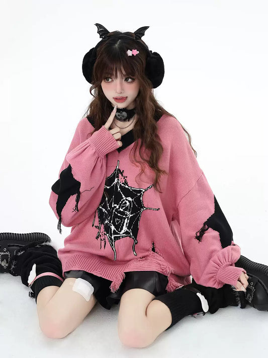 Crazy Girl Spider Halloween Pink Black Knit Sweater