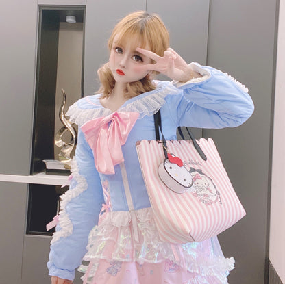 Candy Fairy Sailor Collar Ruffled Blue Pink Black Bow Winter Jacket