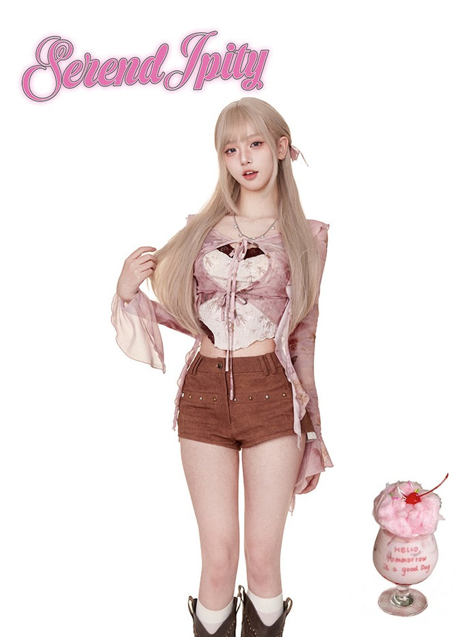 Serendipity Broken Butterfly Pink Cardigan & Camisole & Brown Shorts Three Piece Set