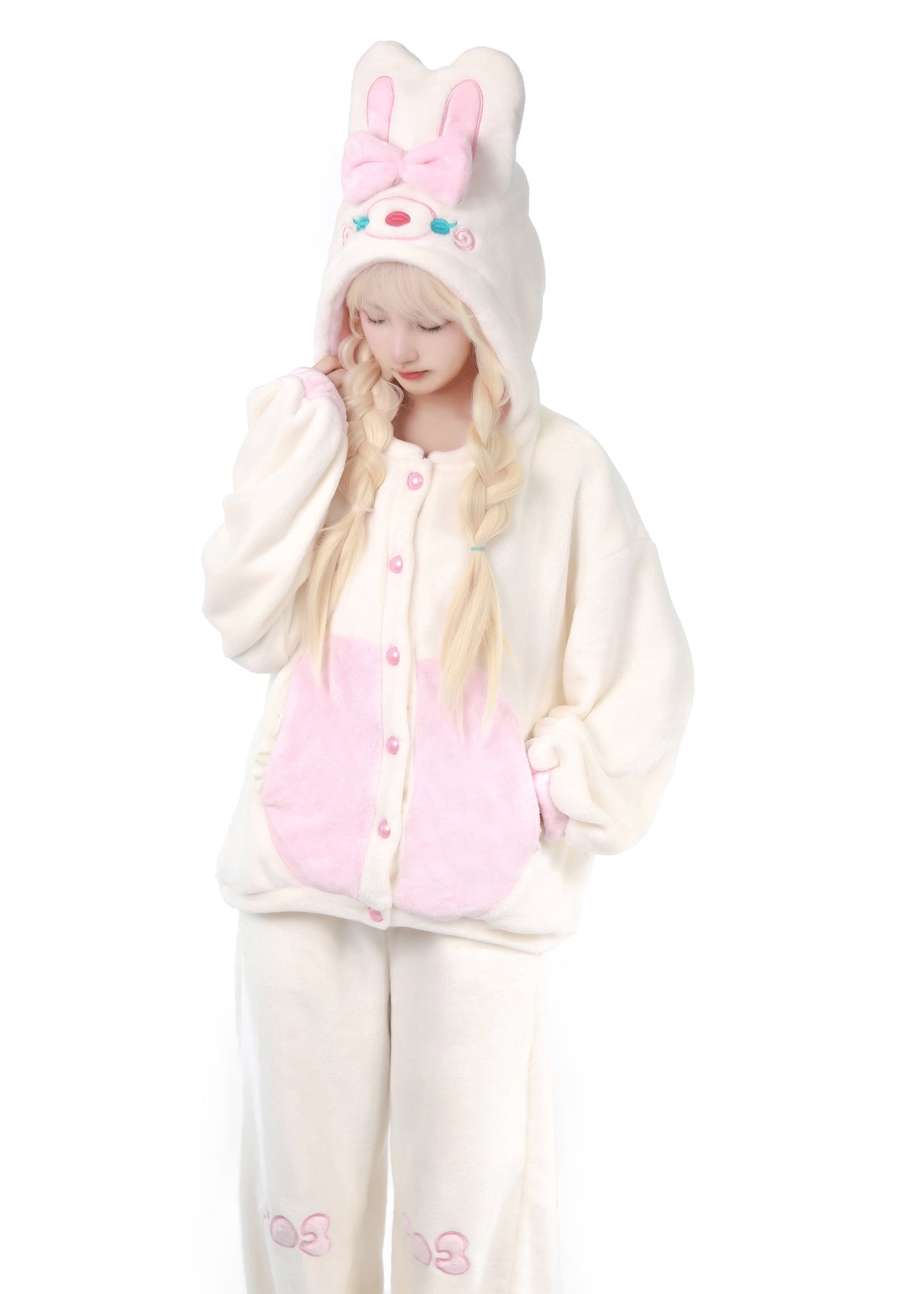 Maiden Park Rabbit Ears White Brown Coral Fleece Winter Pajamas Hooded Tops & Pants Two Piece