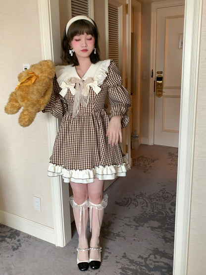 Picnic Girl Fall Brown Plaid Sailor Collar Academia Long Sleeve Ruffled Dress