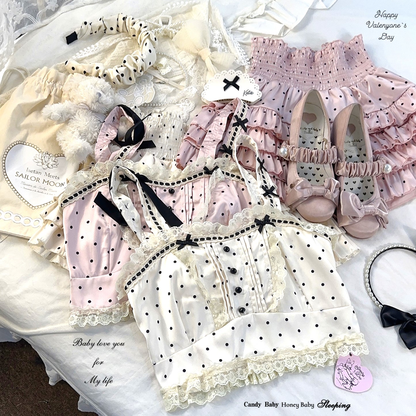 Dormir Doll Satin Doll Polka Dot Pink White Camisole & Skirt Two Piece