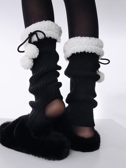 Winter Floor Knit White Beige Brown Gray Black Pompom Balls Socks