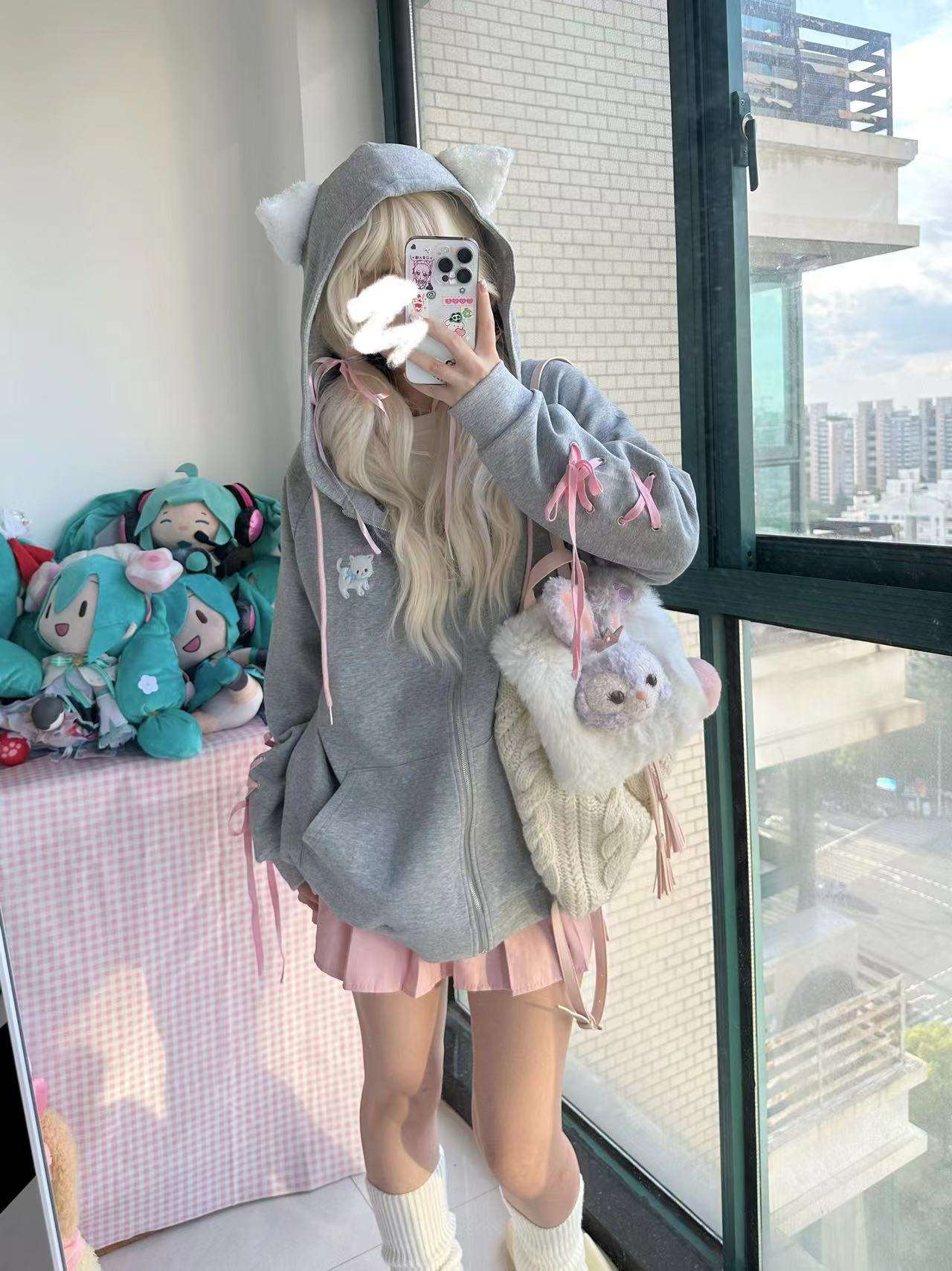 Cute Gray Cat Ears Y2K Coquette Ribbon Hoodie Jacket