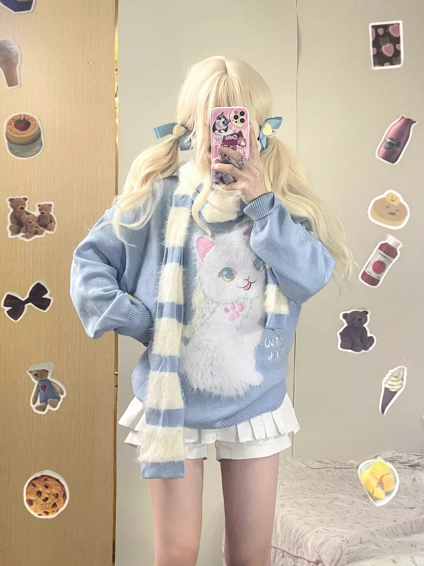 Serendipity Stars Cute Cat Pullover Knitted Embroidery Oversize Sweater