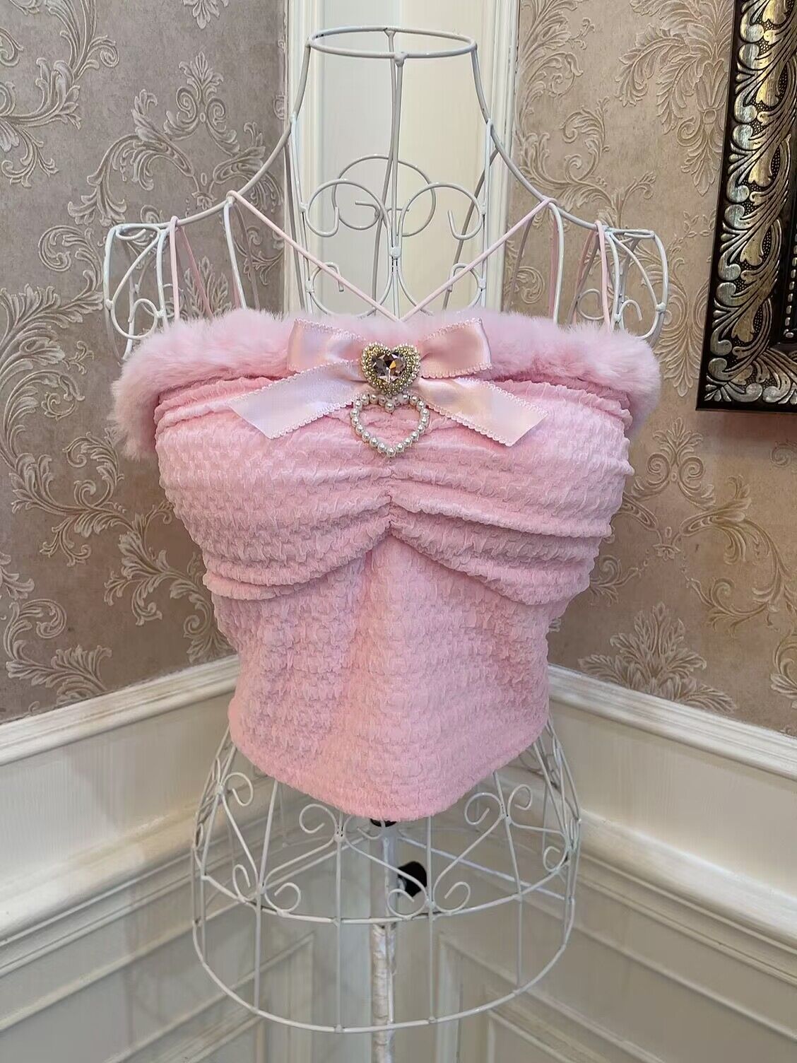 Sweetheart Princess Sweet Plush Edge Pink Strap Tank Top