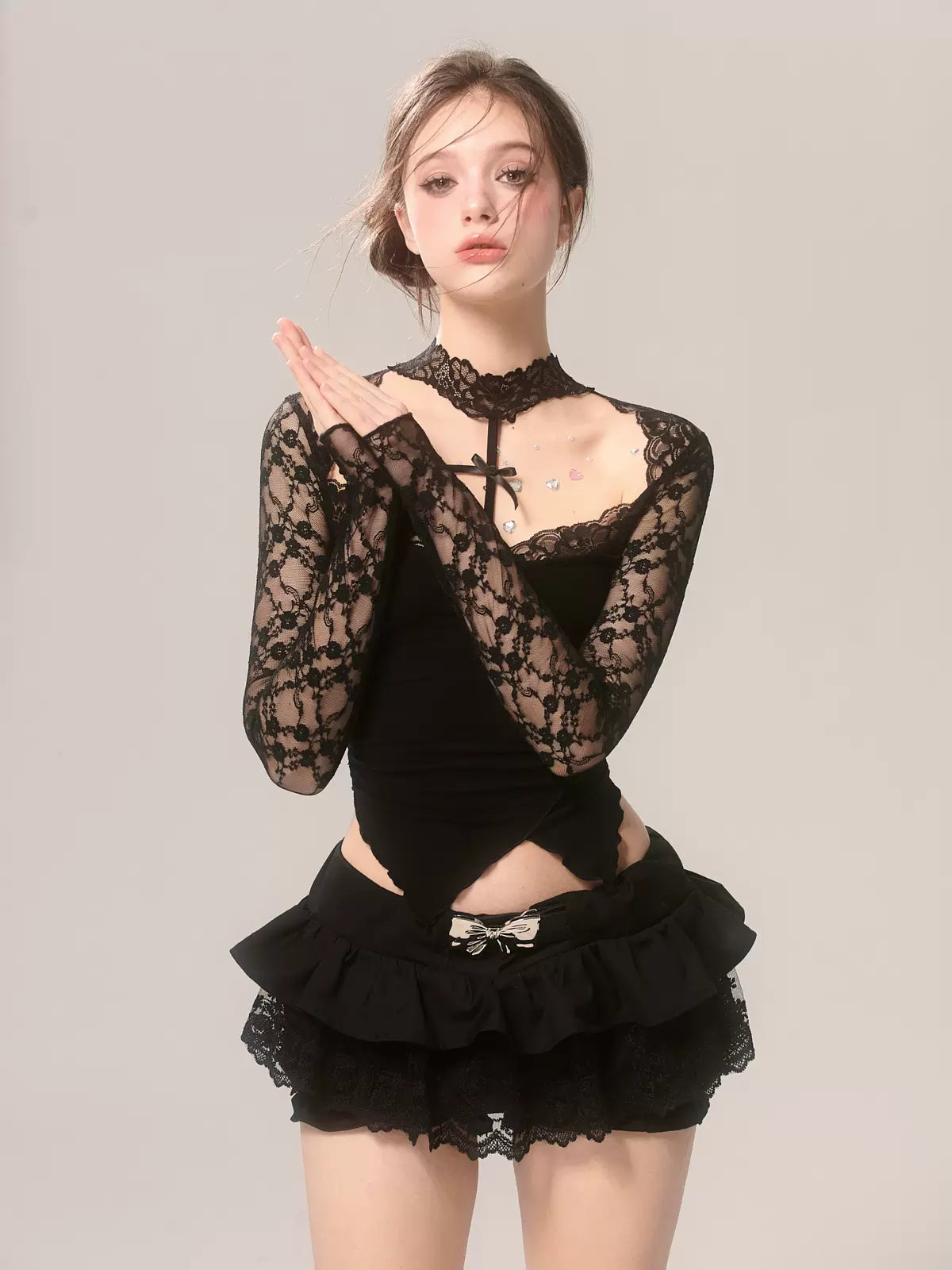 Young Eyes Sultry Halter Neck Black Lace Top & Bloomers Shorts Two Piece