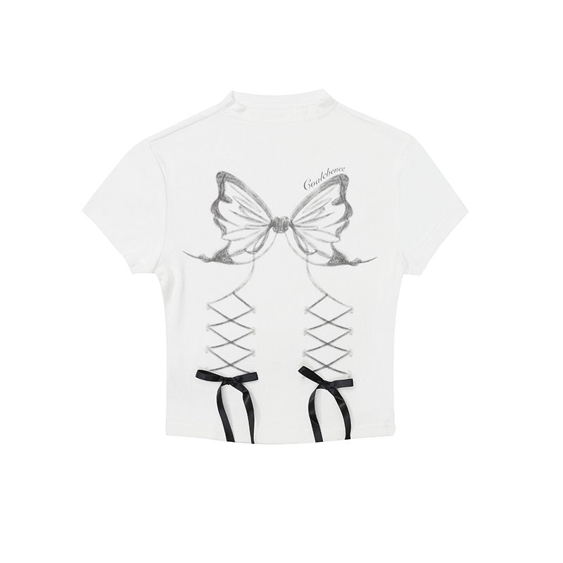 Young Eyes Butterfly Coquette Bow White & Gray Shirt Top