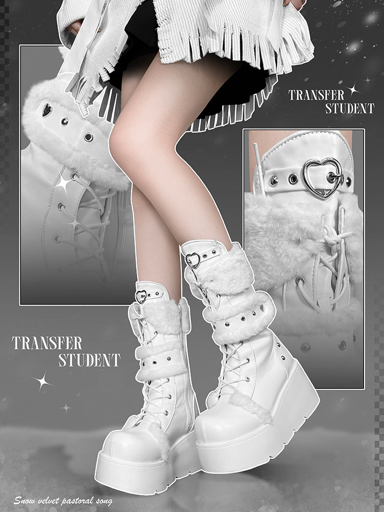 Transfer Student Snow Velvet Pastoral Pink Black White Tall Boots Shoes