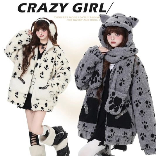 Crazy Girl Bionic Kitten Paw Print Gray Cream Plush Jacket Scarf Hat Three Piece Set