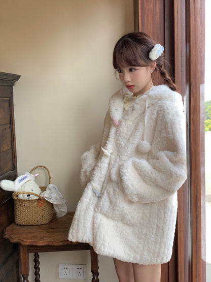 Velvet Winter Cute Plush Hooded Woolen White Coat