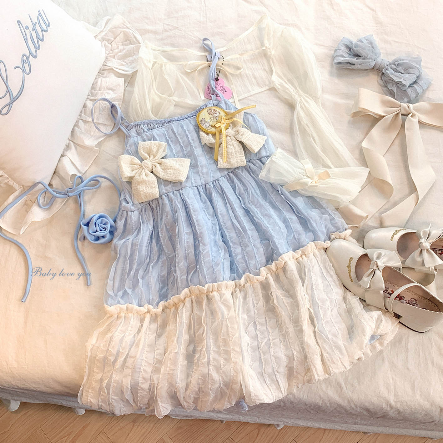 Dormir Doll Cream Bow Chiffon PInk Blue Ruffled Strap Dress