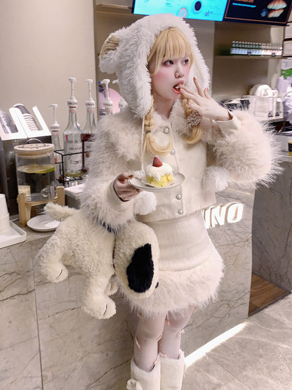 Picnic Girl Cute White Christmas Winter Fur Jacket Top & Mini Skirt Two Piece Set