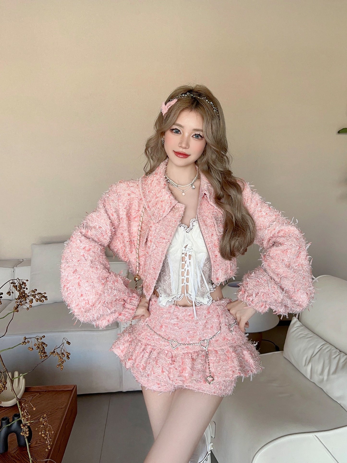 Monet Autumn Pastel Rose Pink Princess Tweed Jacket & Mini Skirt Two Piece Set