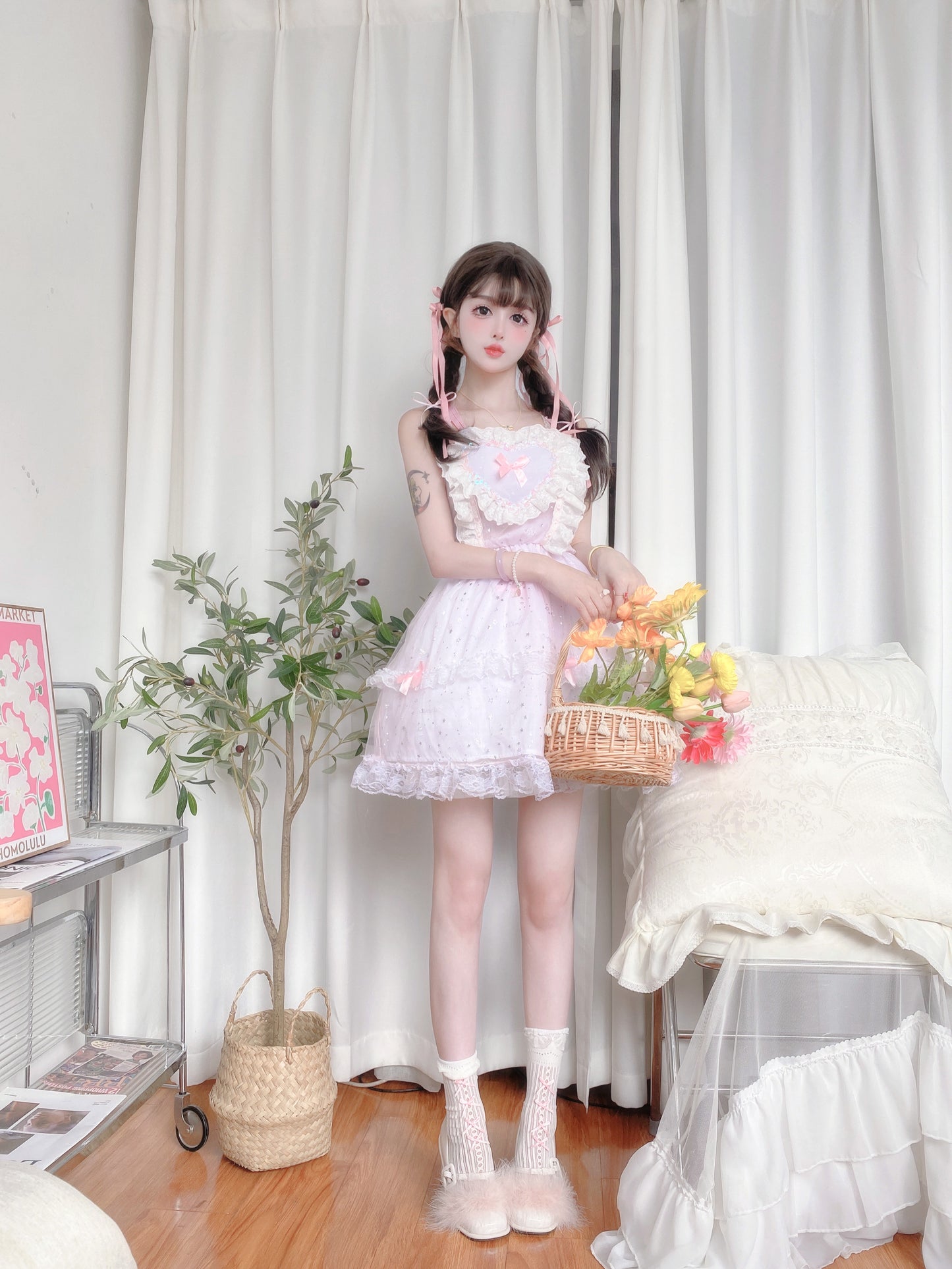 Candy Fairy Coquette Sweet Girl Heart Pink Strap Ruffled Dress