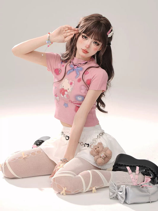 Young Eyes Doll White Pink Knit Kitty Short Sleeve T-shirt Top